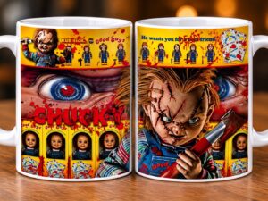 # COLECCIÓN DE TAZAS CHUCKY – DISEÑOS EXCLUSIVOS DE TERROR 🔪☕